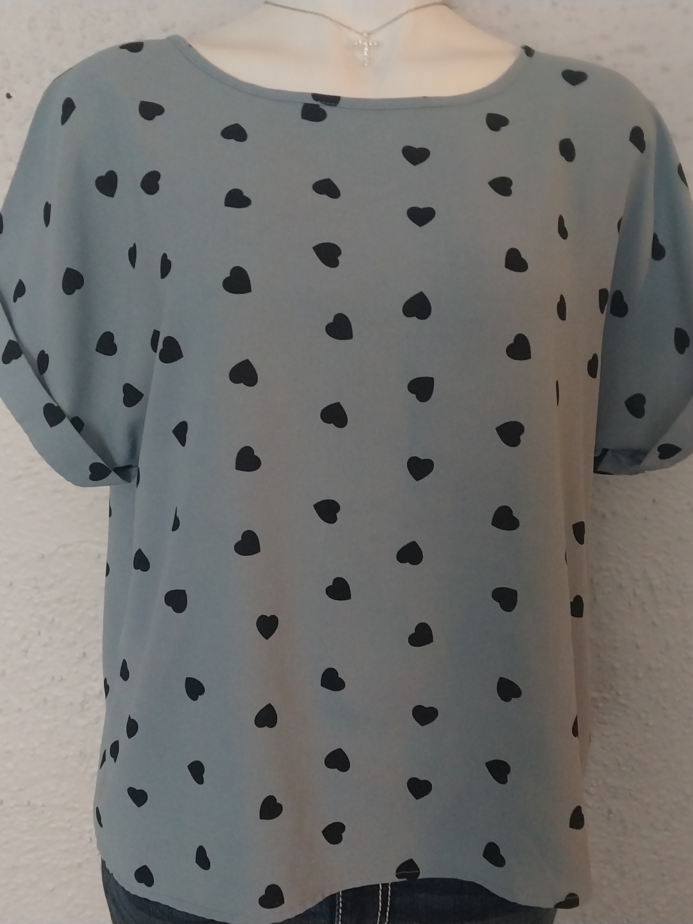SHEIN Light Blue Heart Print Short Sleeve Top